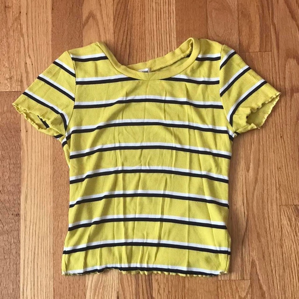 Garage - yellow, black, and white striped lettuce edge hem crop top